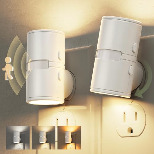 L LOHAS LED Motion Sensor Night Light, Motion Sensor Light Indoor, Rotating | Motion Activated Night Lights Plug into Wall,Amber-3000K-5000K,10-50-100%LM, Mini,Hallway Bathroom Travel[White Shade,2 Pack] - color: Motion Sensor-White Shade