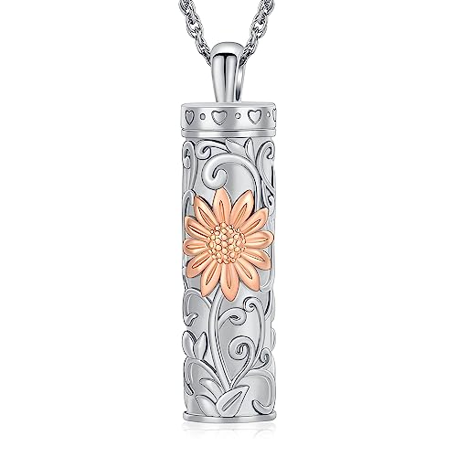 shajwo Cylinder Urn Necklace for Ashes for Women Men Sunflower Cremation Jewelry Vial Memorial Loved One Pendant - color: Rose Gold