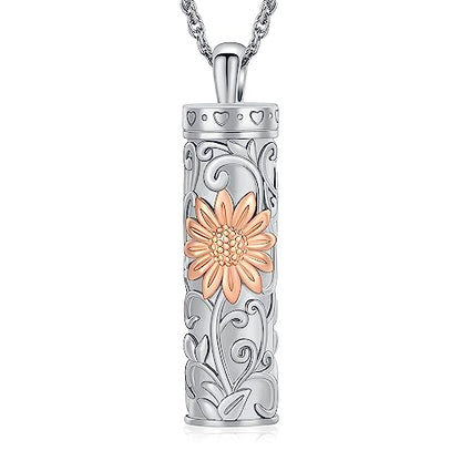 shajwo Cylinder Urn Necklace for Ashes for Women Men Sunflower Cremation Jewelry Vial Memorial Loved One Pendant - color: Rose Gold