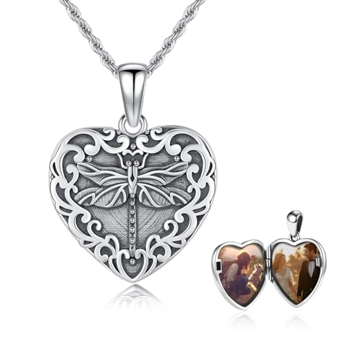 CUOKA MIRACLE Sterling Silver Animals Locket Necklace for Women Keepsake | That Holds Picture Personalized Customize Photo Locket Gift for Mom Grandma - style: 04-heart dragonfly