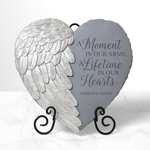 Let's Make Memories Personalized Memorial Garden Stone - Sympathy - Loss of Loved One - Condolences - Indoor/Outdoor - Durable Resin - 3D Iridescent Wing - A Moment in Time - style: A Moment In Our Arms