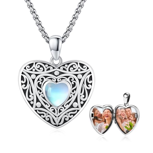 Locket Necklace for Women 925 Sterling Silver Celtic Locket Pendant Necklace Moonstone/Turquoise/Black Agate Heart Shaped Locket Necklace Jewelry Gifts for Women - style: Filigree Pattern