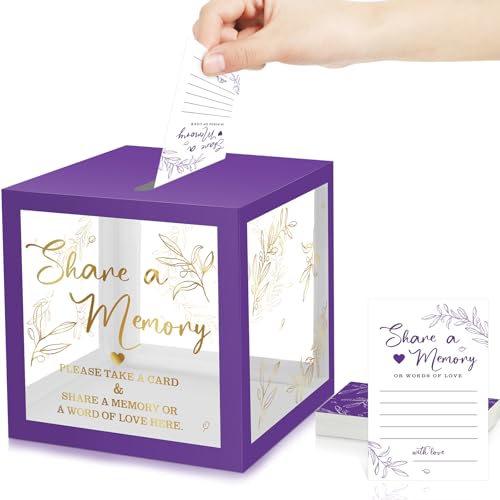 Pajean 50 Pcs Greenery Share a Memory Card, Celebration of Life Cards Box | Memory Box for Funeral Wedding Birthday Graduation Bridal Shower Baby Shower Guest Card Ideas Supplies Decoration - color: Purple Gold