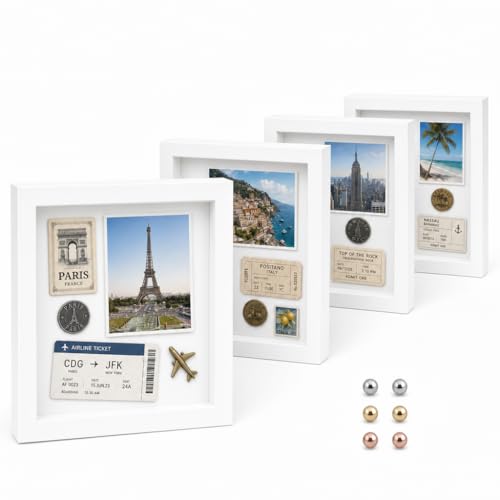 4 Pack Shadow Box Frame Display Cases, 8"x 8" Wood Deep Black Handicrafts Shadowbox Picture Frame for Flowers Jersey Baby Wedding Dress (White) - color: White, size: 8X8
