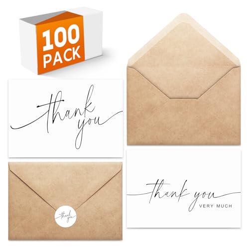 100 PACK Thank You Cards Bulk with Kraft Envelopes and Matching Stickers, 4x6 Inch Blank Greeting Cards Suitable for Small Business, Baby Shower Wedding, Graduation, Bridal Shower, Funeral, Engagement