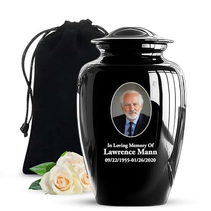 Custom Photo Cremation Urns for Human Ashes Adult Male Female - 200lbs Personalized Text Burial Urns for Human Ashes - Engraved Handcrafted Funeral Urn for Adult Velvet Bag, Black 10 Inch - color: Black