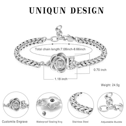 Minicremation Women's Adjustable Rose Urn Bracelet Ashes Holder Memorial Elegant Link Chain Keepsake Cremation Bangle to Hold Ashes - color: Silver-A