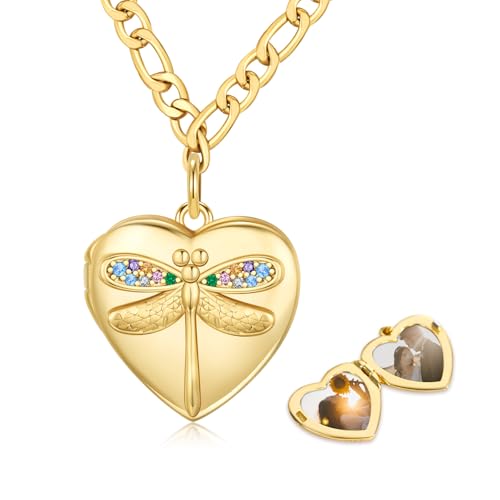 TUGHRA Mother's Day Gifts Gold Locket Necklaces for Women, 925 Sterling Silver Heart Photo Lockets Memorial Keepsake Jewelry Gift for Mom, Wife, Daughter - style: 1226-Dragonfly