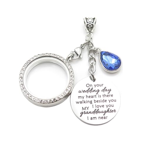 IDLAN Wedding Bouquet Locket Charm Rhinestone Photo Frame Memorial Bridal Bouquet Charm Memorial Photo Keepsake Something blue - style: On wedding day-Granddaughter-Round