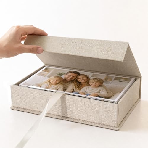 Photo Storage Box 5x7, Keepsake Box - Beige | Linen Material, Connected Lid, for Photos, Certificates, Scrapbooking Supplies, Keepsakes, Jewelry - color: Beige, size: 5"x7"