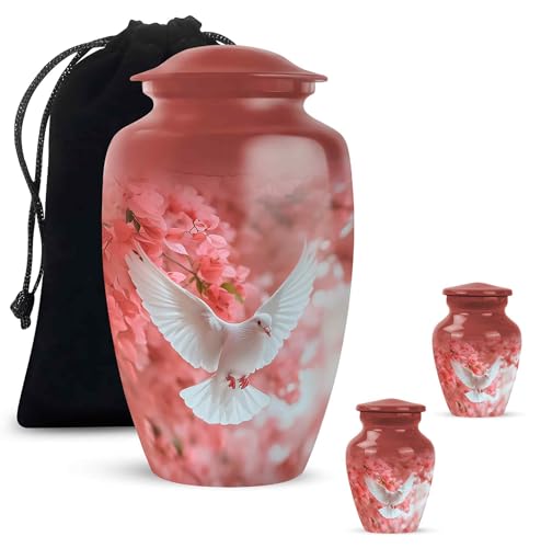 Yatskia Cherry Blossoms Dove Mini Keepsake Urns for Adult Ashes Men and Women, Large Funeral Urn for Human Ashes, (Classic 10 Inch and 3 Inch) - color: #3 Pink, size: Combo Pack of 3