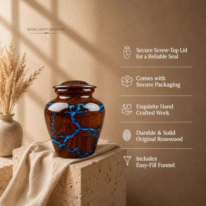 Small Cremation Urn for Human Ashes Adult - Keepsake Memorial & Funeral Urn for Mom, Dad | Premium Mini Rosewood Urn - Blue Resin Inlay | Sharing Urn for Men & Women, Pet Urn for Dog & cat - 20 CU/in - size: SMALL 20 Cu