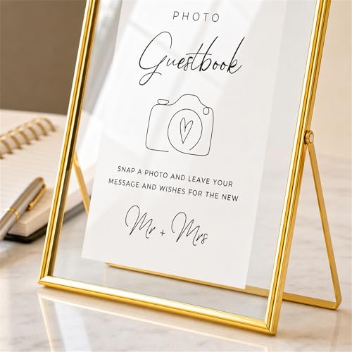 Calculs Photo Guest Book Sign, Gold 8x10 Floating Picture Frame | Double glass metal frame, fits 6x8 insert, photo guest book station, reusable tabletop frame for signs and photos - color: Gold
