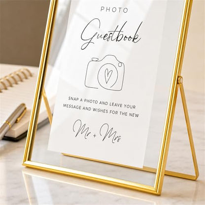 Calculs Photo Guest Book Sign, Gold 8x10 Floating Picture Frame | Double glass metal frame, fits 6x8 insert, photo guest book station, reusable tabletop frame for signs and photos - color: Gold