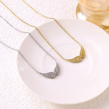 Silver/Gold Plated Angel Wing Pendant Necklace for Women Men | 18K Gold Guardian Angel Wings Feather Necklace Stainless Steel Simple Minimalist Necklaces Birthday Christmas Jewelry Gifts - color: Gold