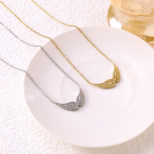 Silver/Gold Plated Angel Wing Pendant Necklace for Women Men | 18K Gold Guardian Angel Wings Feather Necklace Stainless Steel Simple Minimalist Necklaces Birthday Christmas Jewelry Gifts - color: Silver