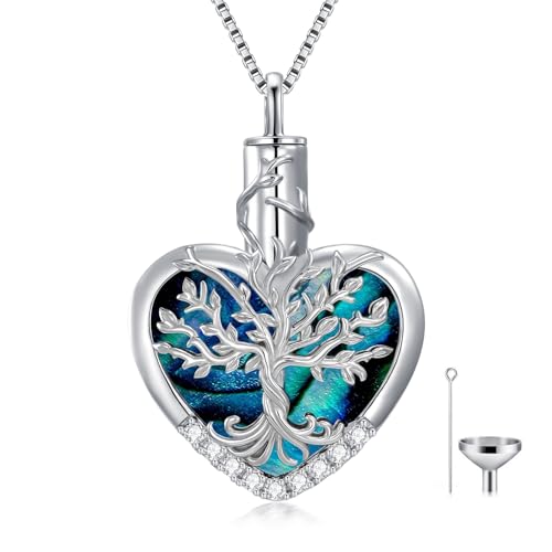 WINNICACA Urn Necklaces for Ashes 925 Sterling Silver Tree of Life Heart Cremation Jewelry for Ashes Jewelry Gifts for Human Ashes Keepsake Memorial Jewelry for Women Men - style: 3-Abalone Shell Tree of Life Urn