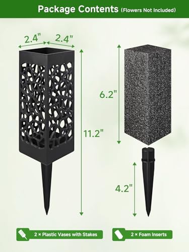 2-Pack Cemetery Vases for Grave with Spike and Foam, Flower Holders | Pre-installed floral foam helps hold flower stems securely for easy arrangement - color: 2 Pack