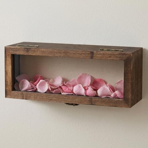 Shadow Box 5" x 12.5", Solid Wood Box Frame with Linen Background and 10 Solid Wood Pins, 2 Hanging Designs, Memory Display Case for Wedding Bouquet Memorabilia Medals Photos Keepsakes, Dried Flowers
