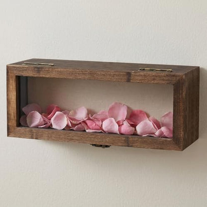 Shadow Box 5" x 12.5", Solid Wood Box Frame with Linen Background and 10 Solid Wood Pins, 2 Hanging Designs, Memory Display Case for Wedding Bouquet Memorabilia Medals Photos Keepsakes, Dried Flowers