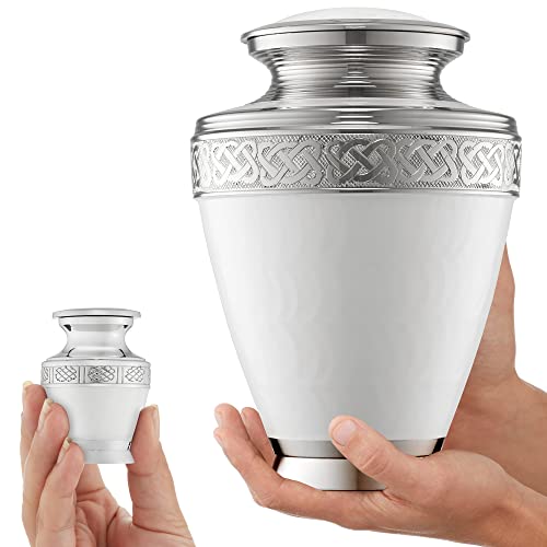 Reminded Set of 5 Etched Celtic Cremation Urns for Human Ashes - 1 Brass Adult + 4 Keepsake, White - color: White