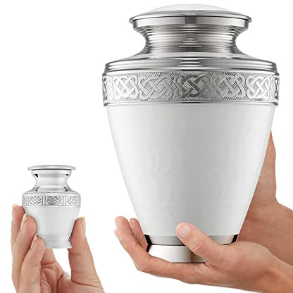 Reminded Set of 5 Etched Celtic Cremation Urns for Human Ashes - 1 Brass Adult + 4 Keepsake, White - color: White