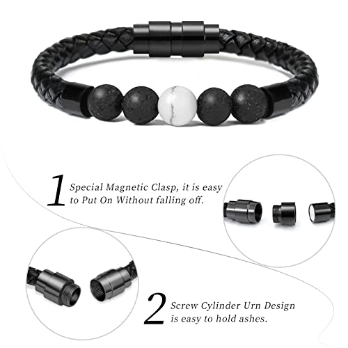 shajwo Cremation Jewelry Lava Stone Urn Bracelet for Ashes for Women Men Chakra Healing Balancing Genuine Leather Memorial Bracelets - color: Black（4 Lava Stone + 1 White Howlite）