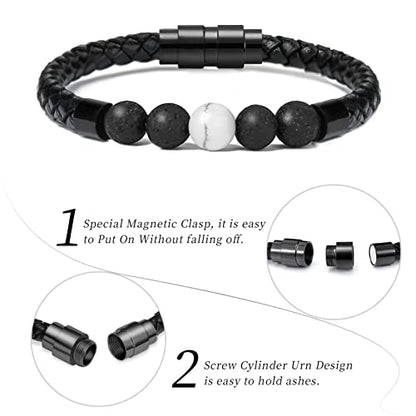 shajwo Cremation Jewelry Lava Stone Urn Bracelet for Ashes for Women Men Chakra Healing Balancing Genuine Leather Memorial Bracelets - color: 2PCS-Black