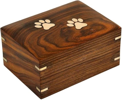 Handcrafted Indian Rosewood Pet Urn with Brass Paw Prints | Decorative Wooden Memorial Box for Dog & Cat Ashes (Medium-95 LB) - size: Medium