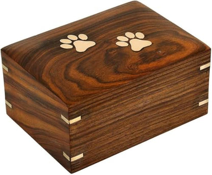 Handcrafted Indian Rosewood Pet Urn with Brass Paw Prints | Decorative Wooden Memorial Box for Dog & Cat Ashes (Medium-95 LB) - size: Medium