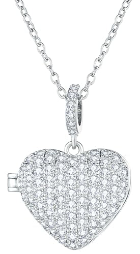 YOUFENG Love Heart Locket Necklace that Holds Pictures Photo Locket Birthday Gifts - style: Silver-plated CZ Paved