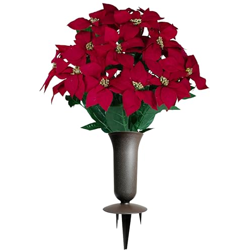 Sympathy Silks - Artificial Flowers for Cemeteries - Red Poinsettias with Gold Glitter - (1) Bouquet (1) Vase - color: Red W Gold Glitter, size: (1) Bouquet (1) Vase