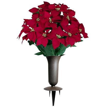 Sympathy Silks - Artificial Flowers for Cemeteries - Red Poinsettias with Gold Glitter - (1) Bouquet (1) Vase - color: Red W Gold Glitter, size: (1) Bouquet (1) Vase