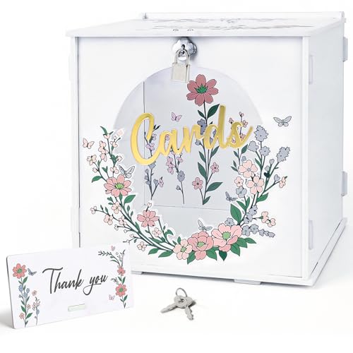 Shintop Wedding Card Box with Lock, White PVC Gift Card Holder Table Decor for Reception Envelope Money Box Set with Acrylic Window for Bridal & Baby Shower Party Decor