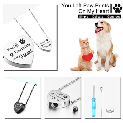 Yinkin 2 Pcs Pet Cremation Jewelry for Ashes Urn Necklace,Classic | Pet Dog Necklace with Paw Print Heart Stainless Steel Pendant Black and Silver Urn Locket with Funnel Kit for Dog Cat Ashes - style: Classic