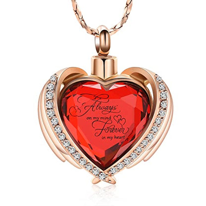 Imrsanl Cremation Jewelry for Ashes Pendant - Crystal Heart Urn Necklace with Mini Keepsake Urn Memorial Ash Jewelry - color: Rose Gold-Red Stone