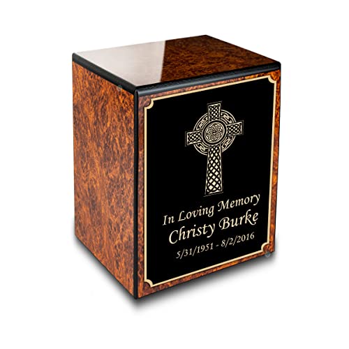 GetUrns Custom Celtic Cross Small Urn Box for Human Ashes I Personalized Wooden Keepsake Cremation Urn for Male or Female I Burl Wood Memorial Box I 40lbs - color: Celtic Cross