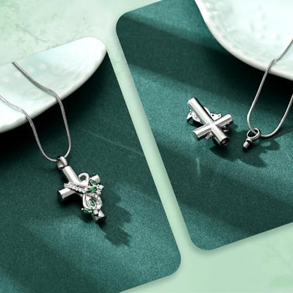 Butterfly Cross Cremation Jewelry Urn Necklaces Stainless Steel Cross Urn Necklaces for Ashes Memorial Keepsake Pendant for Women Gifts With Funnel Kit & Bag - color: Silver+Green