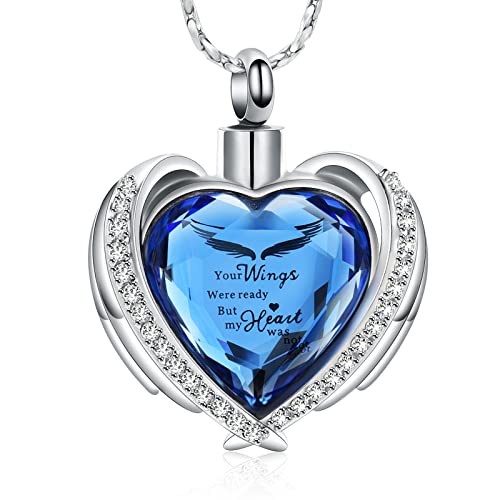 Imrsanl Cremation Jewelry for Ashes Pendant - Crystal Heart Urn Necklace with Mini Keepsake Urn Memorial Ash Jewelry - color: Wings Blue