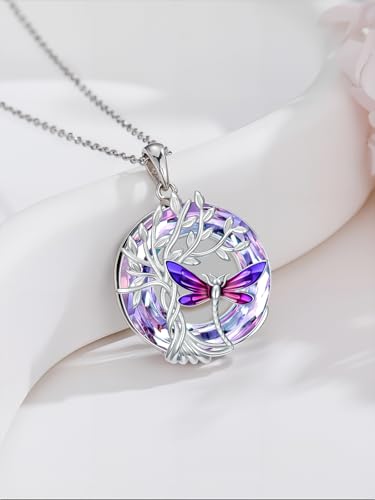 TOUPOP Butterfly Necklace for Women 925 Sterling Silver Tree of Life Butterflies Dragonfly Hummingbird Pendant Necklaces Crystal Jewelry Anniversary Christmas Birthday Gift for Her - color: Dragonfly Purple