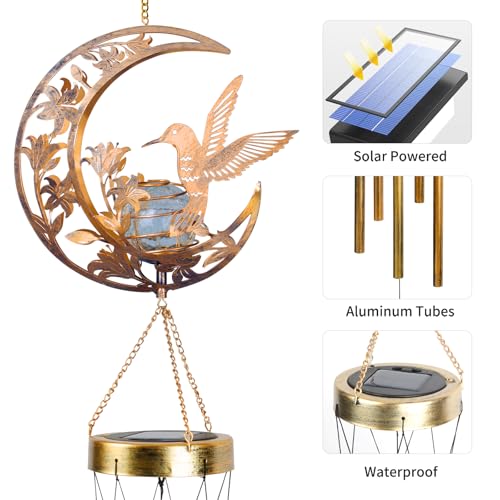 Hummningbird Solar Outdoor Wind Chimes - Unique Moon Hummingbird Design, for Mothers, Grandmothers, Sisters, Friends and Girls on Birthdays, Christmas, Thanksgiving and Mother's Day - color: Moon Hummingbird