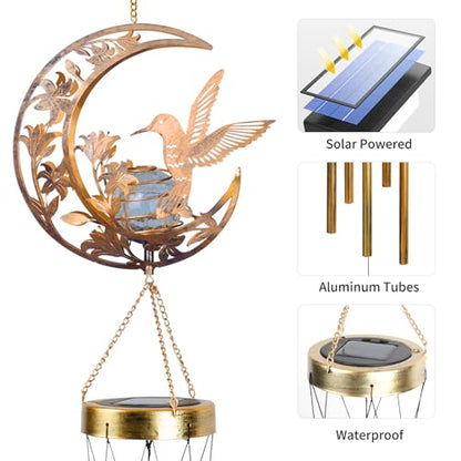 Hummningbird Solar Outdoor Wind Chimes - Unique Moon Hummingbird Design, for Mothers, Grandmothers, Sisters, Friends and Girls on Birthdays, Christmas, Thanksgiving and Mother's Day - color: Moon Hummingbird