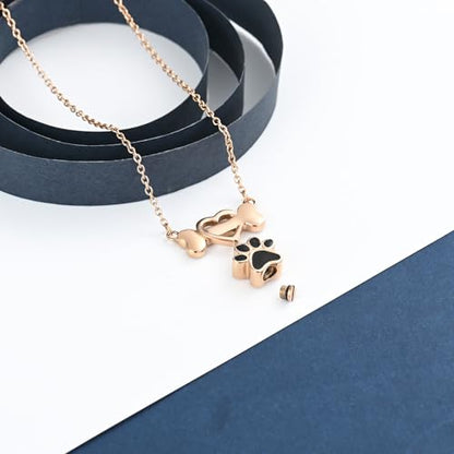 constantlife Paw Print & Bone Pendant Urn Necklace for Pet Ashes | Mini cremation jewelry, stainless steel material, for women men dog lovers, waterproof, with a filling tool kit - color: Rose gold