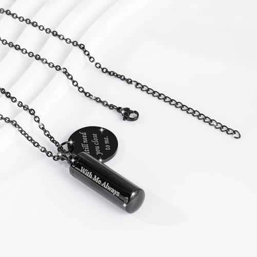 Cremation Cylinder Necklace for Ashes Stainless Steel Urn Locket Pendant Ashes Holder Memorial Jewelry - With Me Always - color: Black