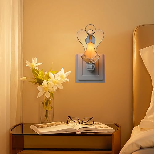Stained Glass Guardian Angel Night Lights Plug in,Yellow Color - color: Angel Night Light-Yellow