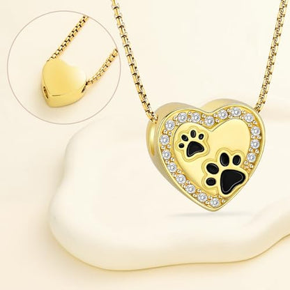 Oinsi Pet Cremation Jewelry - Heart Urn Necklaces for Dog Cat Ashes Keepsake Pet Paw Memorial Urn Pendant Ash Holder for Women Men - color: Gold