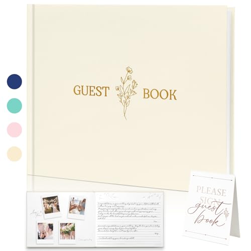 Wedding Guest Book, Polaroid Photo Guestbook for Baby Shower, 9x7.5" | Table Sign Included, Gold Stamping, Twill-Textured Hardcover, Perfect For Bridal Party & Baby Shower, White - color: Flower-beige