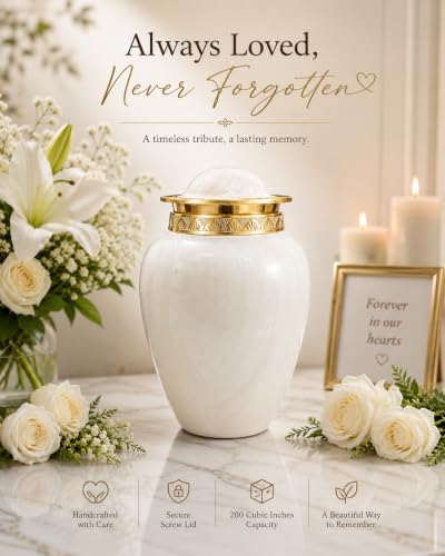 BOLD & DIVINE Pearl White Cremation Urn | Human Ashes Adult Memorial urn, Burial, Funeral Cremation Urns | 200 Cubic Inches (Large/Adult) with Velvet Bag