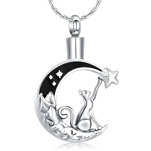 constantlife Cat Moon Urn Necklace for Women Pet Cremation Jewelry for Ashes Stainless Steel Pendant Funeral Keepsake Loved Ones Memorial Gift - color: Star-Silver