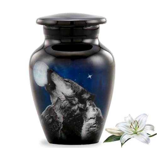 Midnight Wolves Keepsake Urn - 3 Wolves Mini Cremation Urn for Ashes - Wolves Howling at The Moon Sharing Urn - Wolf Urn - Moonlit Wolves Memorial Token Urn with Premium Box & Bag (Keepsake) - size: Mini (Keepsake)